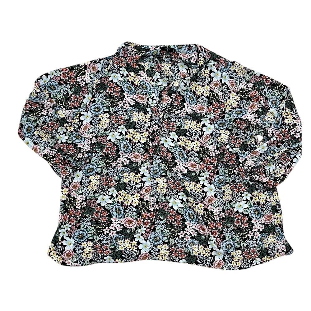 Tahari 2X Floral Print Long Sleeve Blouse black pink Cottage Girlhood tunic work